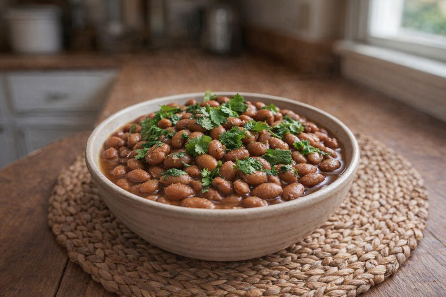 A bowl of perfectly cooked pinto beans, garnished with fresh cilantro, sitting on a rustic wooden table with a woven placemat